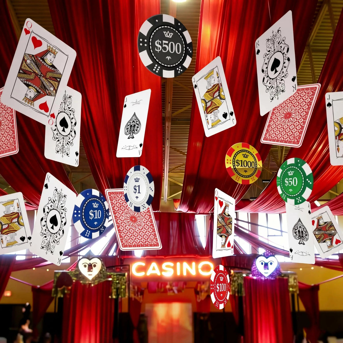 2D Casino Night Party Decorations Red Curtains Poker Dice Banners Photo Booth Props Bar Hanging Decor for Birthday Theme Event Good Vibrations