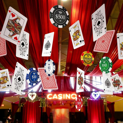 2D Casino Night Party Decorations Red Curtains Poker Dice Banners Photo Booth Props Bar Hanging Decor for Birthday Theme Event Good Vibrations