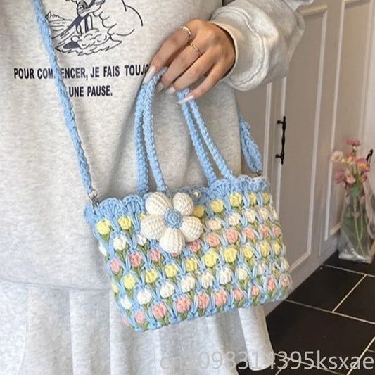 Crochet Crossbody Bag for Women Girl Handmade Color Block Handbag Lightweight Casual Summer Daily Purse Good Vibrations