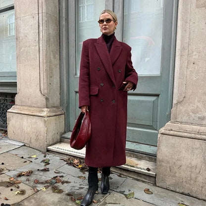Wine Red Woolen Coats With Scarf Women Elegant Full Sleeve Double Breasted Long Overcoat 2025 Autumn Winter New Lady Streetwear Good Vibrations