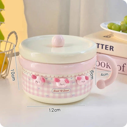 Cute Stainless Steel Ramen Bowl With Lid Kawaii Large Instant Noodles Fruit Salad Rice Soup Bowl Kitchen Tableware Women Gift Good Vibrations