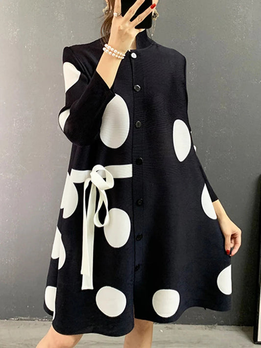 2025 Miyake Stand Collar Pleated Dress Autumn Single Breasted Drawstring Dot Printing Festival Clothing Women Elegant Good Vibrations