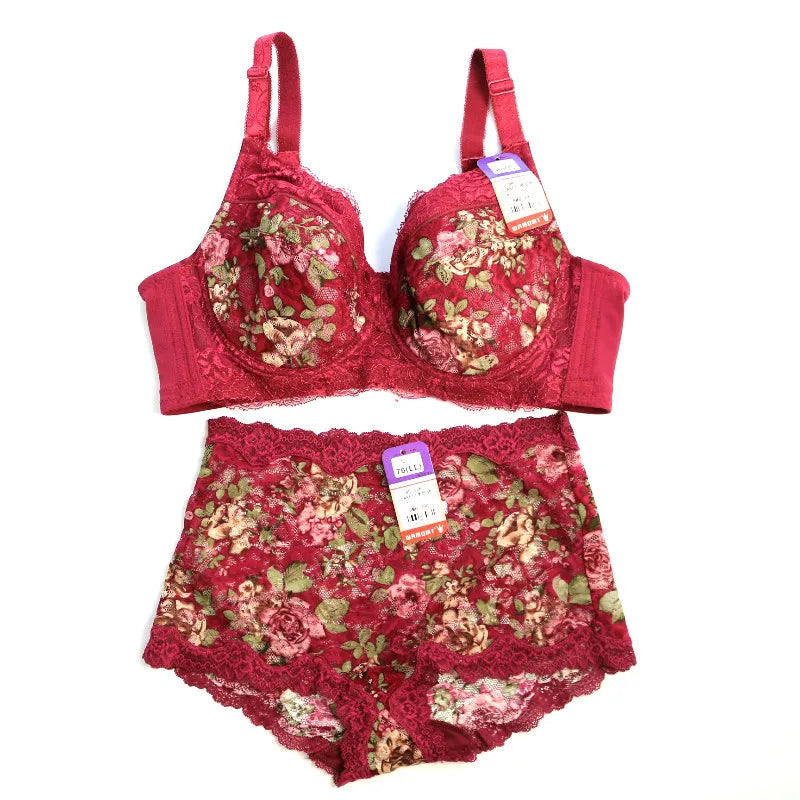 Women's Bra Set Sexy Lace Printed Embroidery Plus Size Full Cup Female Lingerie Suit 34 36 - 48 B C D E F Good Vibrations