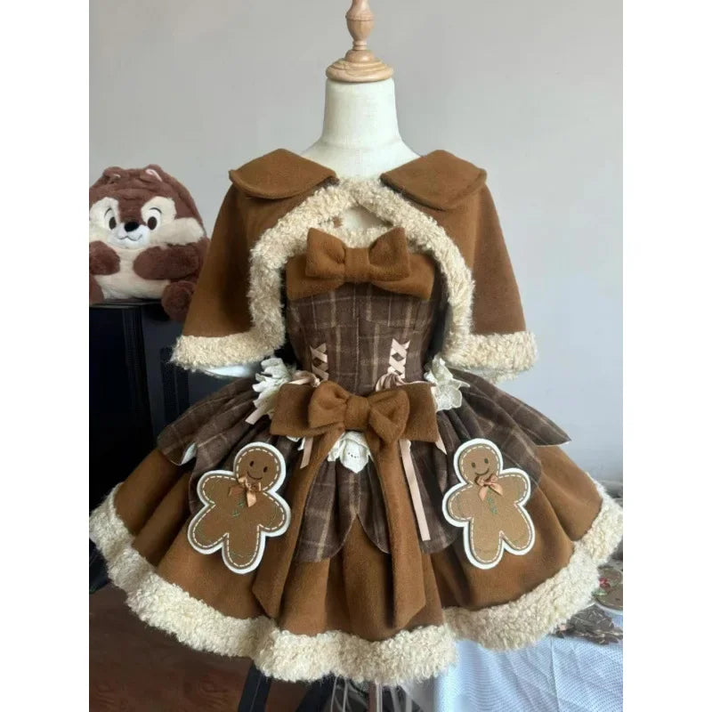 Moka Brown Sweet Christmas Lolita Spliced Cape Set Butterfly Knot Strap Dress Autumn Winter Two Piece Set Floor Length Skirt Good Vibrations