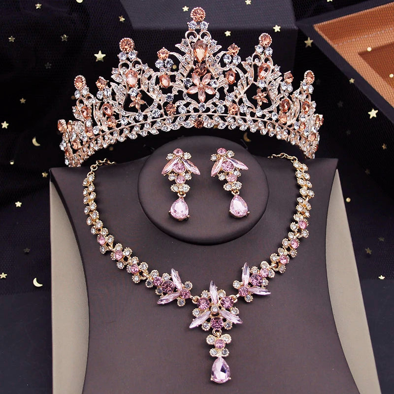 Red Bridal Jewelry Sets for Women Tiaras Crown Necklace Earrings Set Wedding Dress Bride Costume Accessories Good Vibrations