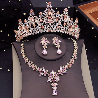 Red Bridal Jewelry Sets for Women Tiaras Crown Necklace Earrings Set Wedding Dress Bride Costume Accessories Good Vibrations