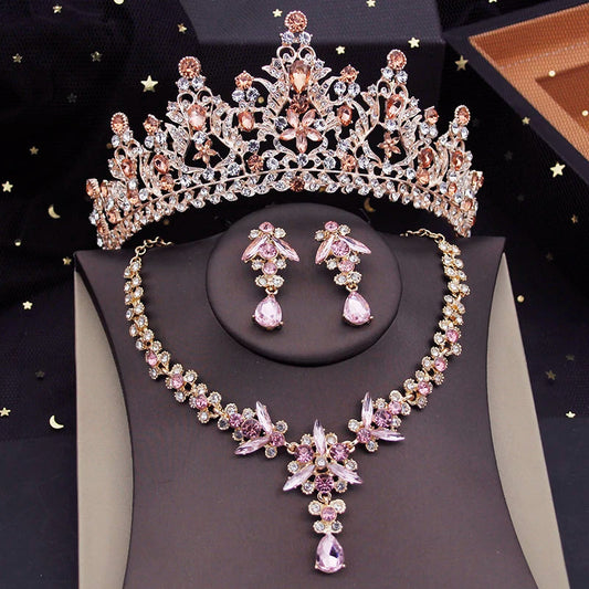 Red Bridal Jewelry Sets for Women Tiaras Crown Necklace Earrings Set Wedding Dress Bride Costume Accessories Good Vibrations