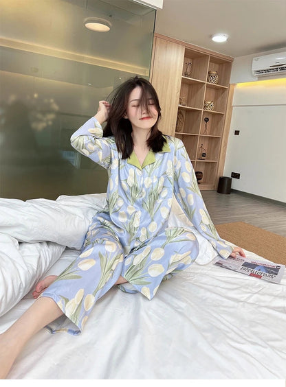 2023 Spring Autumn New Ice Silk 2 Pieces Pajamas for Women Fashion Cardigan Women's Pajamas Sweet Printing Loungewear Women Set Good Vibrations