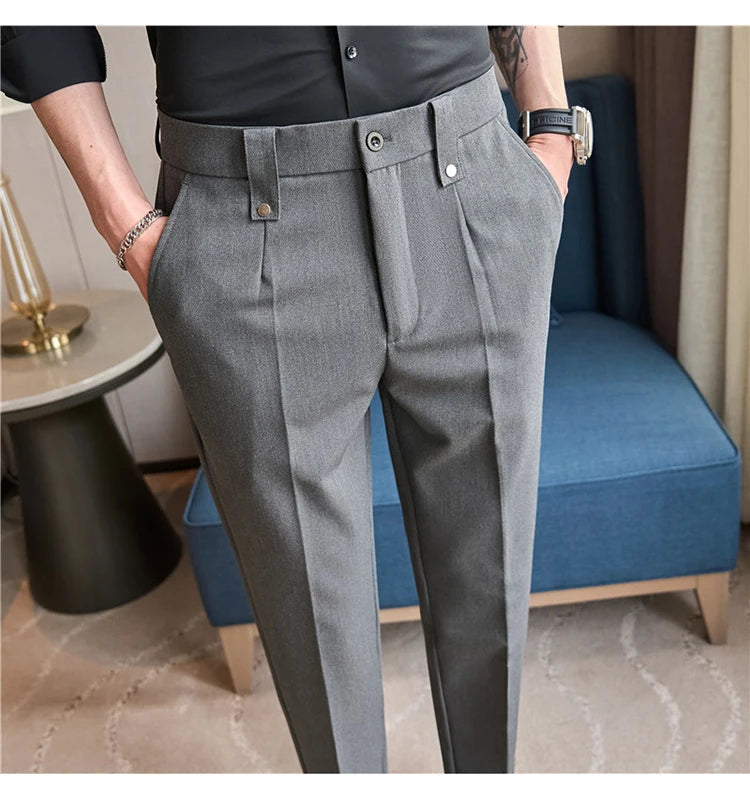 Mens Suit Pants 2025 Autumn New British Style Elastic Waist Solid Casual Formal Dress Pants Slim Fit Trousers for Men Clothing Good Vibrations