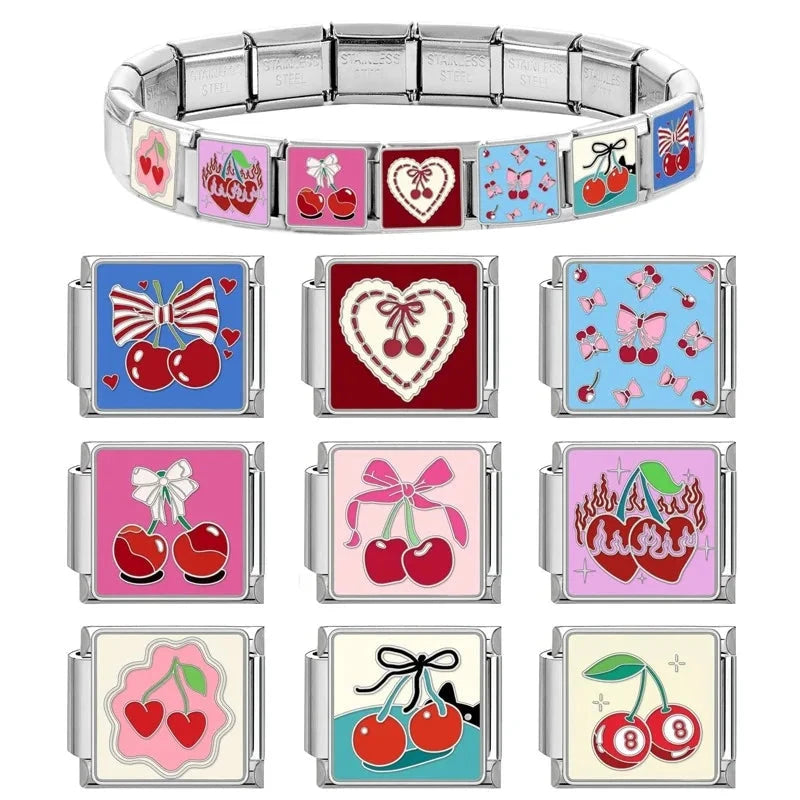 Cute Bow Knot Heart Cherry Sweet Pink Red Italian Charm Links Fit 9mm Bracelet Stainless Steel Women Jewelry DIY Making Gifts Good Vibrations Adult Super Store