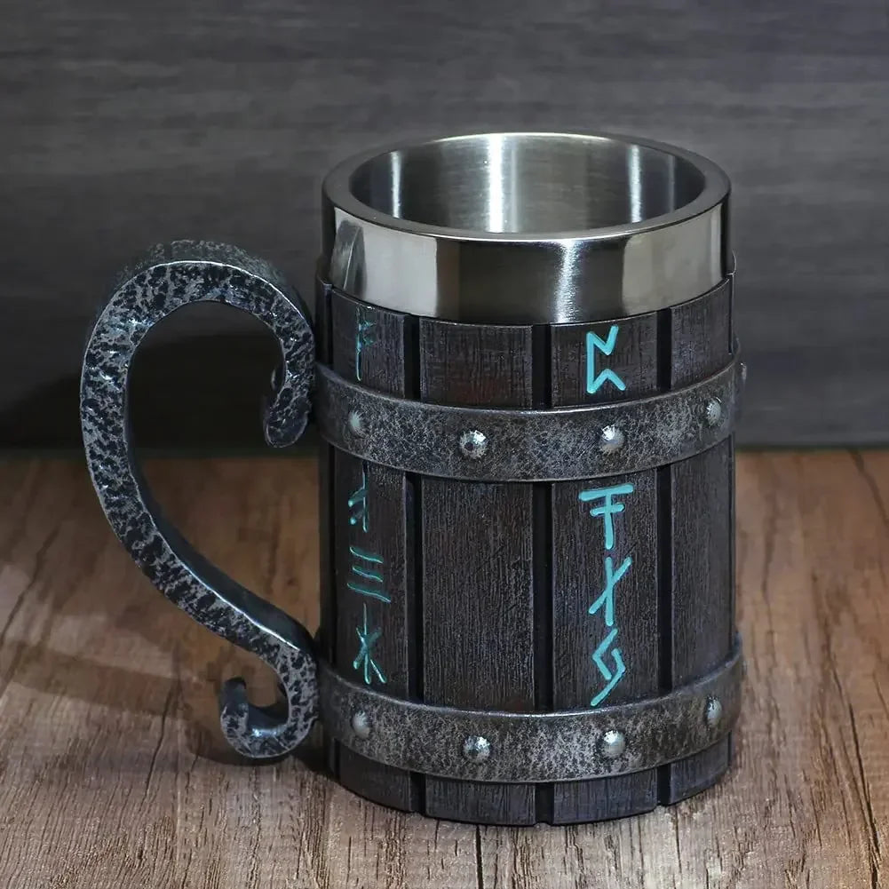 Viking Vintage Oak Barrel Beer Mug Stein with Stainless Steel Liner Coffee Cup Tea Mug Large Capacity Mug Pub Bar Party Gift Good Vibrations