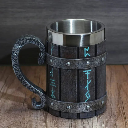 Viking Vintage Oak Barrel Beer Mug Stein with Stainless Steel Liner Coffee Cup Tea Mug Large Capacity Mug Pub Bar Party Gift Good Vibrations
