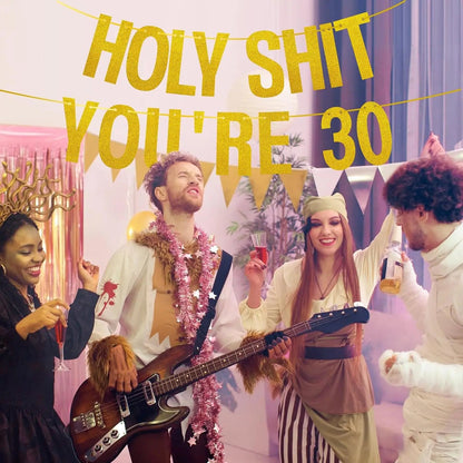 Gold Glitter Holy Shit You're 30 Birthday Banner Party Decor,Funny 30th Birthday Party Decorations Supplies,30th  Photo Props Good Vibrations