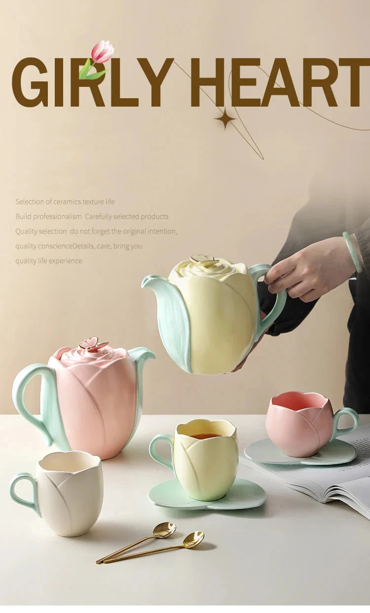 Tulip Luxury Ceramic Coffee Cup Saucer Set with Hand and Dish Milk Tea Cappuccino Tableware 280ml/320ml Birthday Couples Gifts Good Vibrations