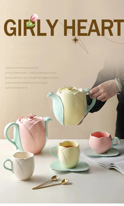 Tulip Luxury Ceramic Coffee Cup Saucer Set with Hand and Dish Milk Tea Cappuccino Tableware 280ml/320ml Birthday Couples Gifts Good Vibrations