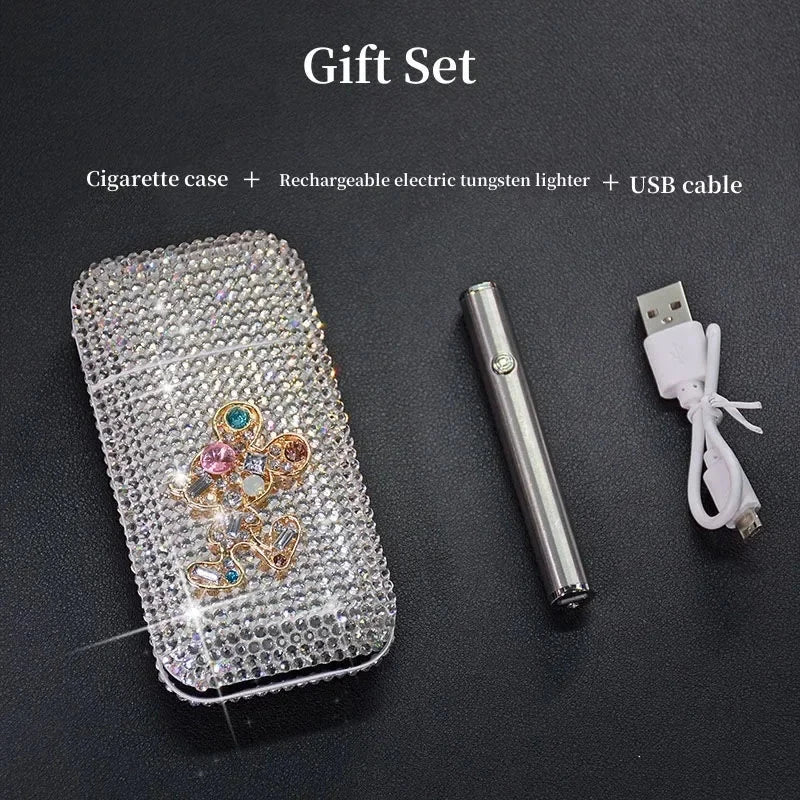 Luxury Rhinestone Cigarette Box with USB Charging Lighter Windproof Portable Smoking Accessories Fashionable Women's Gift Good Vibrations Adult Super Store