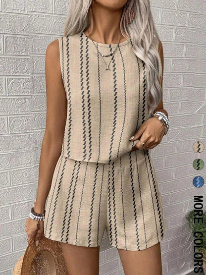 Women's Two Piece Sets 2025 Summer Casual Loose Crafts Striped Printed Sleeveless Vest Shorts 2-piece Set Suit Women Streetwear Good Vibrations