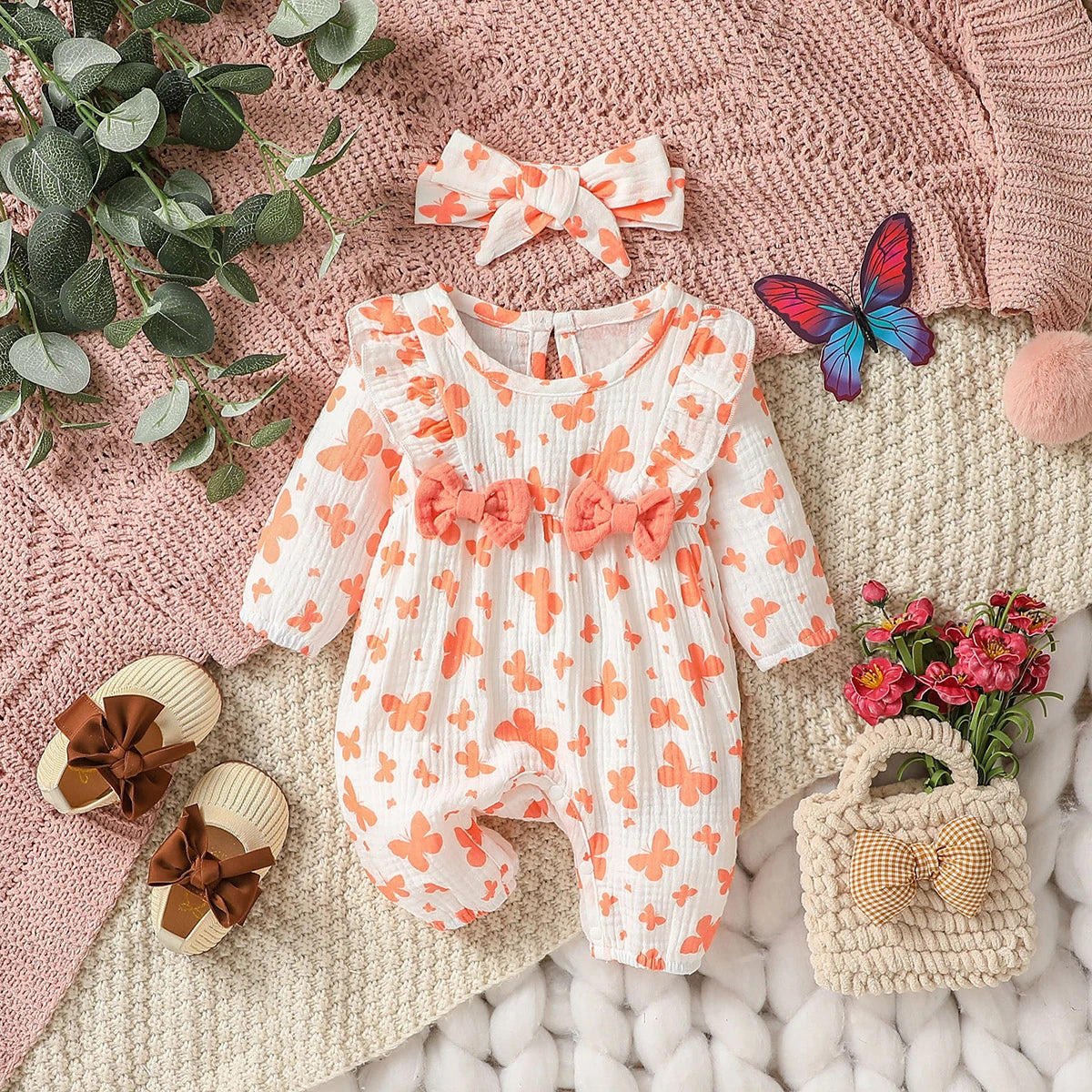 Baby Girl's All Seasons Long Sleeve Print Floral With Bow Daily Jumpsuit For Newborn-6M Clothes +Headband Good Vibrations