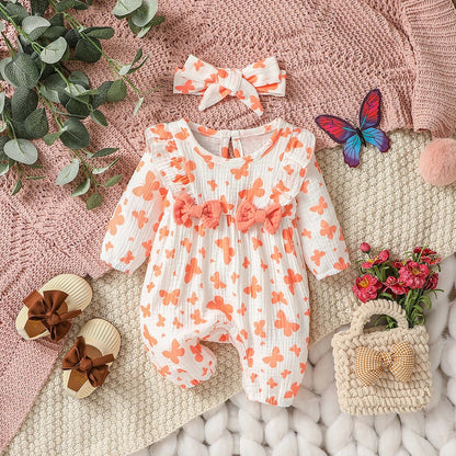 Baby Girl's All Seasons Long Sleeve Print Floral With Bow Daily Jumpsuit For Newborn-6M Clothes +Headband Good Vibrations
