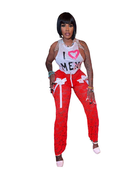 2 Piece Outfit Set Women Summer White Tshirt and Pant Transparent Knitted Suit Sexy and Elegant Set Wholesale Dropshipping Good Vibrations