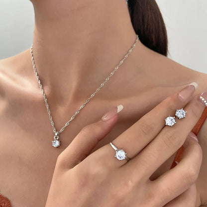 5Pcs Elegant Crystal Jewelry Set Zirconia Ring Necklace Bracelet Earrings Simple Set Jewelry Fashion Versatile Trendy Jewelry Good Vibrations