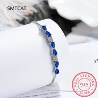 Pear Cut Blue Sapphire 925 Sterling Silver Bowknot Bracelet Adjustable for Women Statement Gemstone Jewelry Pulseiras De Prata Good Vibrations