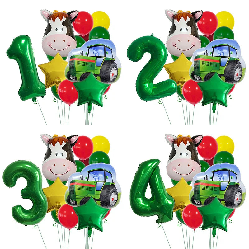 14pcs Farm Themed Tractor Milk Cow Head Balloon 32 inch Green Number Birthday Balloon Set Festive Party Decoration Birthday Gift Good Vibrations