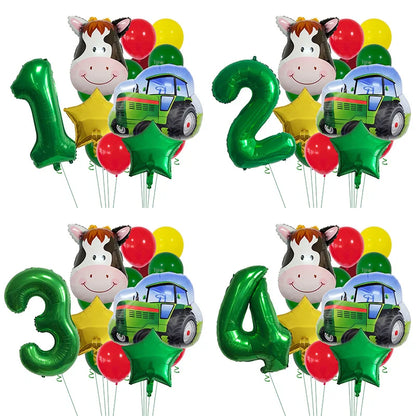 14pcs Farm Themed Tractor Milk Cow Head Balloon 32 inch Green Number Birthday Balloon Set Festive Party Decoration Birthday Gift Good Vibrations