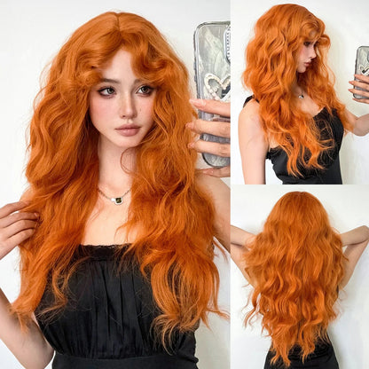 Wine Red Burgundy Synthetic Wigs for Women Long Curly Wave Cosplay Party Red Wigs with Bangs Natural Heat Resistant Daily Wigs Good Vibrations