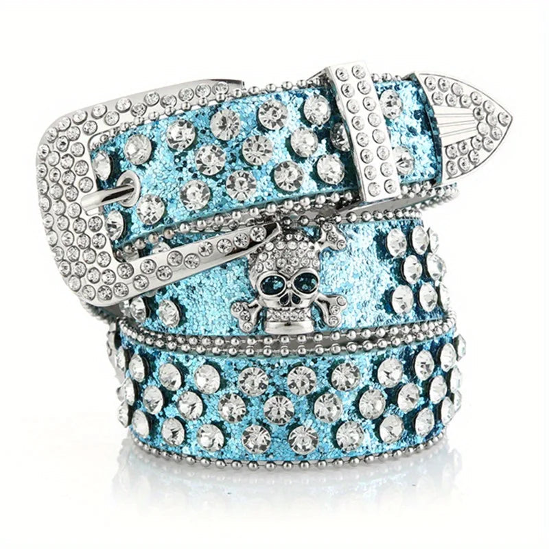 Glamorous Rhinestone Skull Rivet Belt - Perfect for Jeans & Western Outfits! Good Vibrations