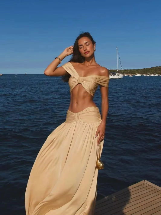 Women's Elegant 2 Piece Outfit | High Waist Draped Long Skirt & Off Shoulder Sleeveless Crop Top for Party Daily Good Vibrations