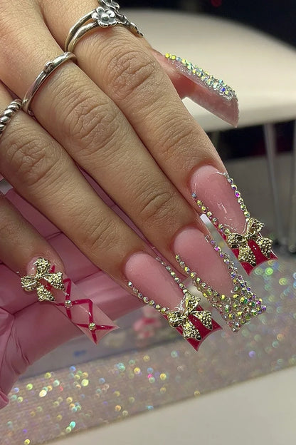 24Pcs Long Coffin French False Nails with Glue Bow Diamond Stick on Press on Acrylic Nails Black Ballerina Nail Art Manicure Tip Good Vibrations