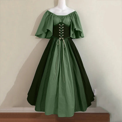 Halloween Costumes for Women Medieval Retro Contrasting Color Slim Swing Dress One-word Shoulder Dress Love Live Cosplay Good Vibrations