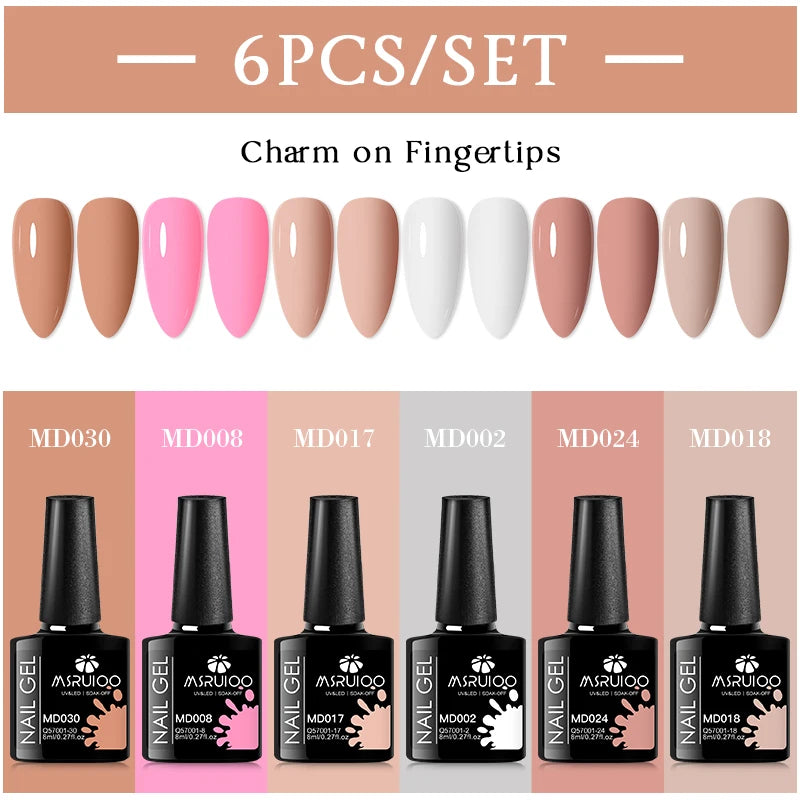 MSRUIOO 6pcs Nude Pink Gel Nail Polish Set Glitter Colorful Semi Permanent UV Gel Kits DIY Nail Art Painting Varnish Manicure Good Vibrations