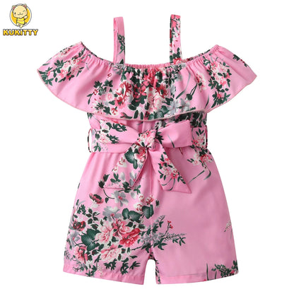 Children Clothing for Girls 1 2 3 4 5Y Kids Girls' Summer New Resort Style Floral Print Ruffled Camisole Jumpsuit with Lace-ups Good Vibrations