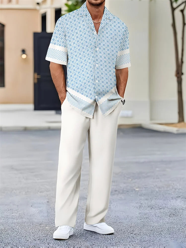 2025 Autumn Geometric Color Block Printed Short-sleeved Set, 2pcs Daily Casual And Loose Men's Shirt Set, Casual And Fashionable Good Vibrations