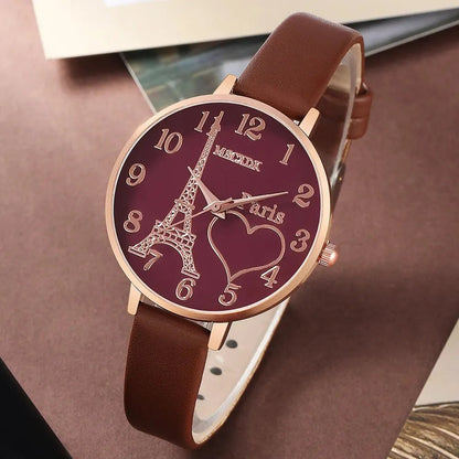 Fashion Watch Glasses Set Casual Leather Belt Watches Women Simple Sunglasses Ladies Iron Tower Dial Quartz Wristwatches Dress C Good Vibrations