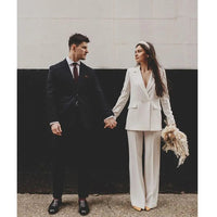 Elegant White Women's Suits Double Breasted Two Piece Jacket Pants Female Clothing Wedding Party Office Lady Blazers Sets Good Vibrations