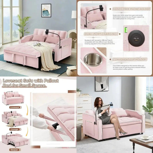 Modern Velvet 3-in-1 Convertible Sofa Bed with USB & Type C Ports, Pull Out Loveseat Futon for Comfortable Seating and Storage Good Vibrations