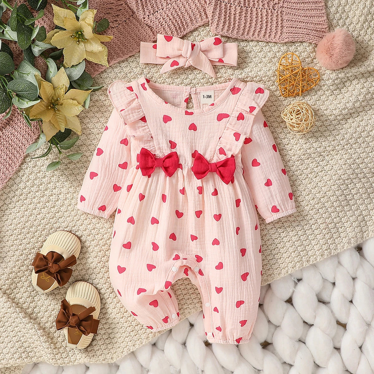 Baby Girl's All Seasons Long Sleeve Print Floral With Bow Daily Jumpsuit For Newborn-6M Clothes +Headband Good Vibrations