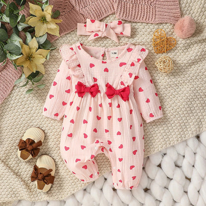 Baby Girl's All Seasons Long Sleeve Print Floral With Bow Daily Jumpsuit For Newborn-6M Clothes +Headband Good Vibrations