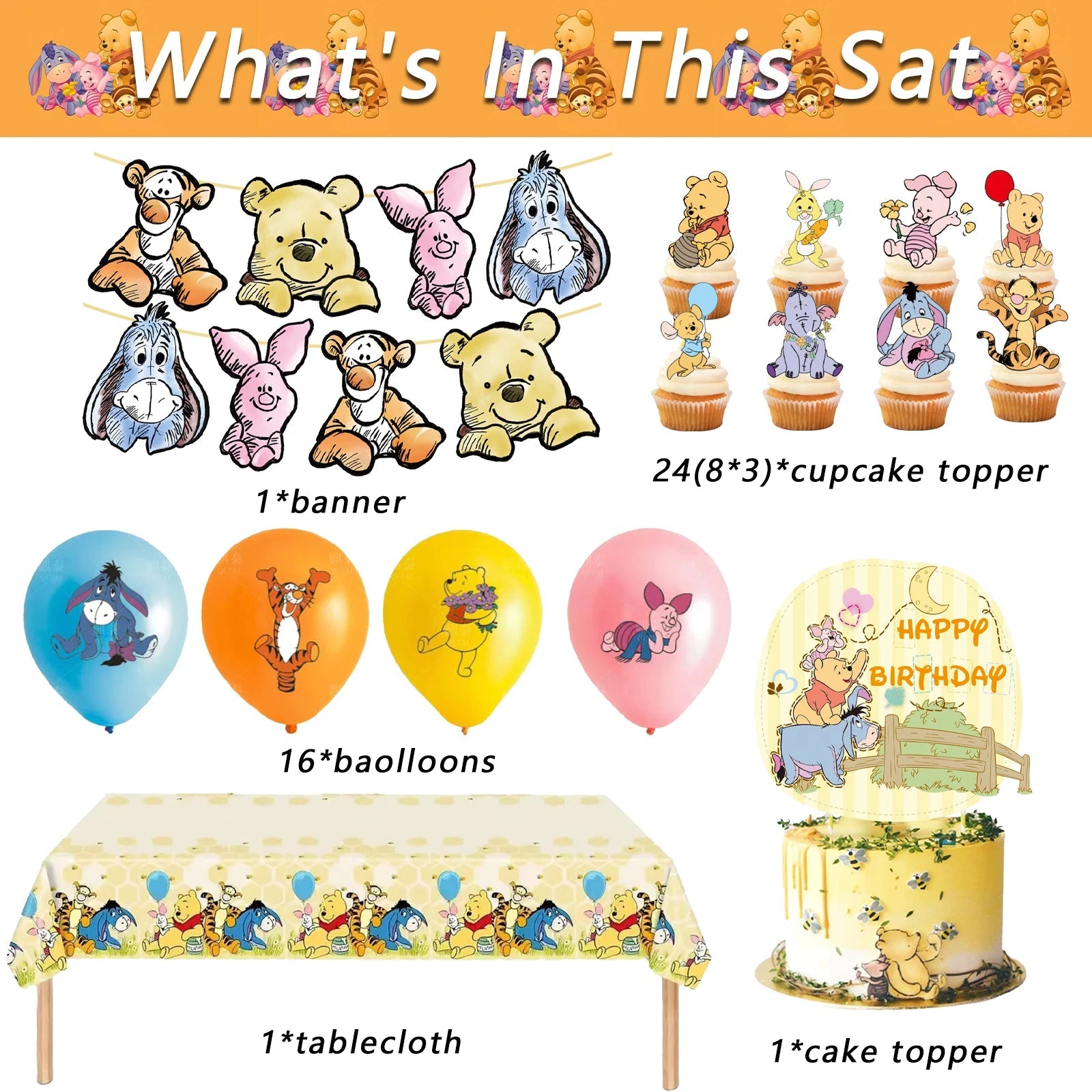 Winnie the Pooh themed party decoration, Winnie the Pooh banner，Winnie the Pooh cake topper、cupcake topper，12 inch latex balloon Good Vibrations