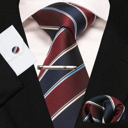 8cm Silk Mens Ties Green Black Ties plaid stripe NeckTie Pocket Square Cufflinks Tie clips Set Men's Wedding business Party Tie Good Vibrations