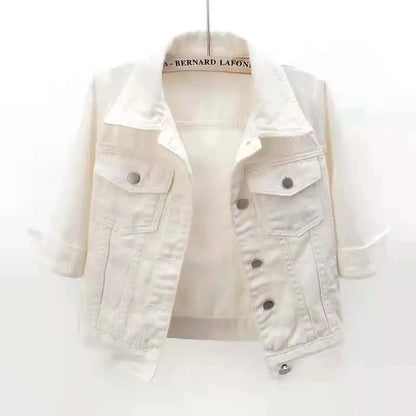 2024 New Women Spring Autumn Denim Jacket Tops Pink Color Solid Short Multicolor Feminino Three Quarter Sleeve Jean Jacket Good Vibrations