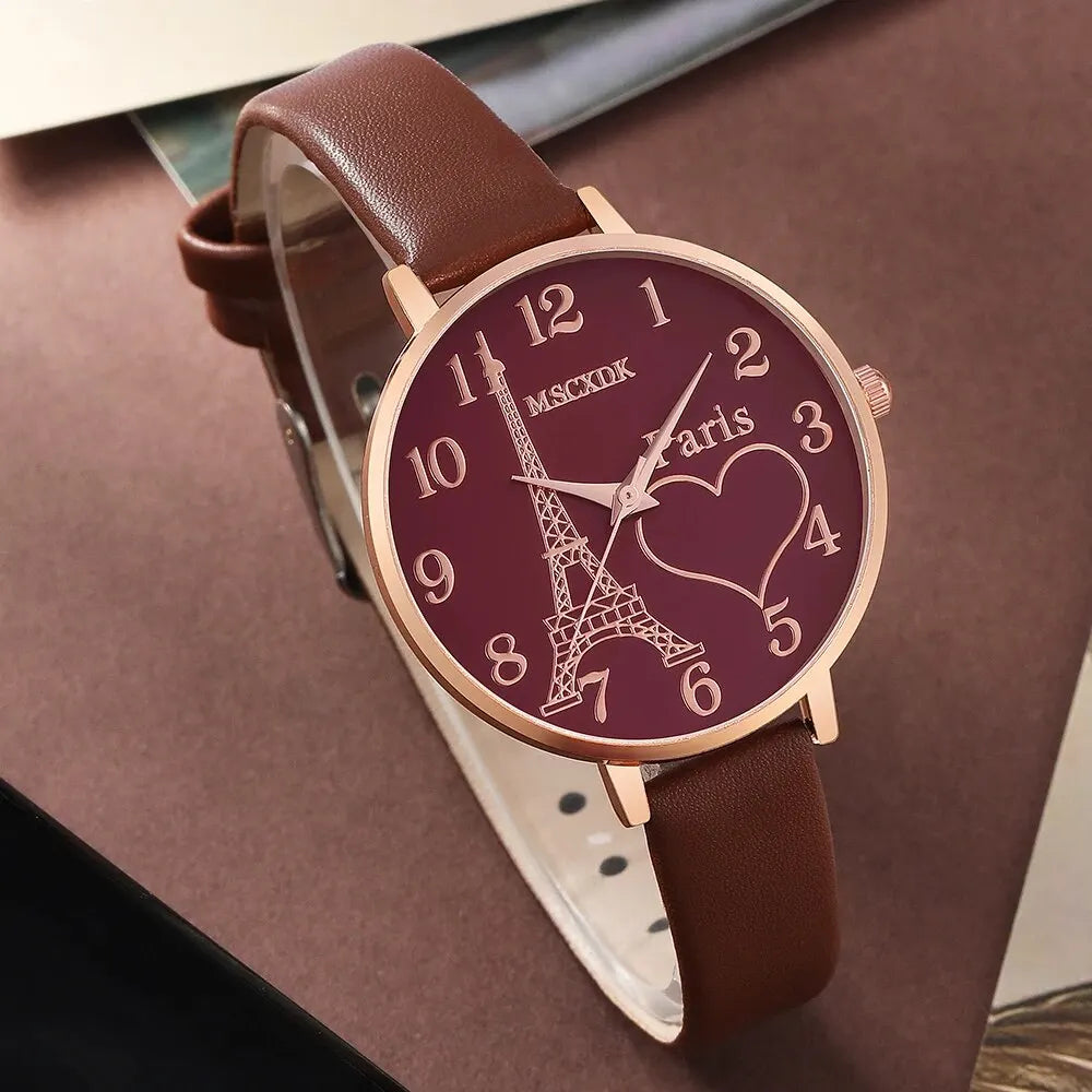 Fashion Watch Glasses Set Casual Leather Belt Watches Women Simple Sunglasses Ladies Iron Tower Dial Quartz Wristwatches Dress C Good Vibrations