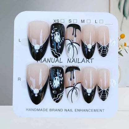 10Pcs Halloween Short Almond Shape Atmosphere Clown Black and White Ghost Spider Press on Nails Nail Patch False Nails Nails Art Good Vibrations