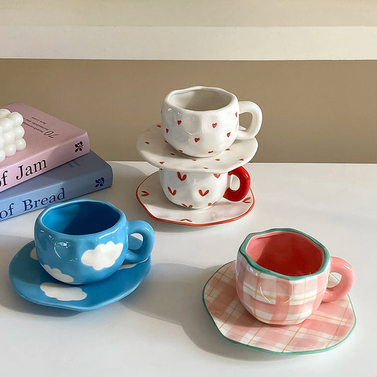1Pc280Ml Original Design Scandinavian Style Hand-Kneaded Ceramic Coffee Cup and Saucer Multi-Color Plaid Heart Blue Sky and White Clouds Flower Mug Suitable for Afternoon Tea Milk Cup and Saucer Latte Cup Dessert Plate Cup an Good Vibrations