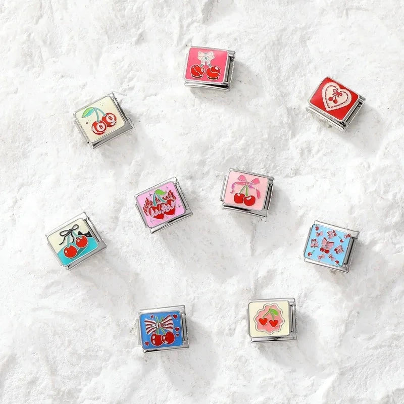 Cute Bow Knot Heart Cherry Sweet Pink Red Italian Charm Links Fit 9mm Bracelet Stainless Steel Women Jewelry DIY Making Gifts Good Vibrations Adult Super Store