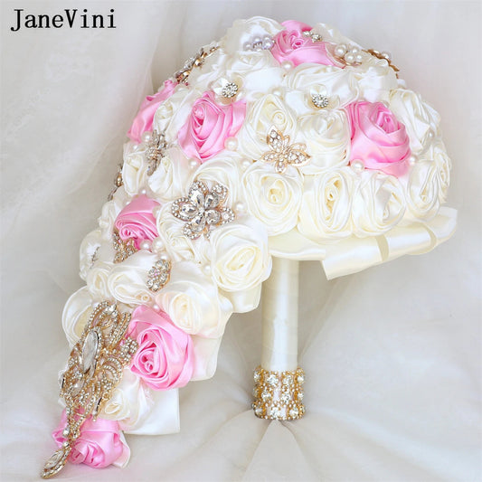 JaneVini Luxury Golden Rhinestones Pink Ivory Cascading Flowers Waterfall Bridal Bouquets Artificial Satin Roses Wedding Bouquet Good Vibrations