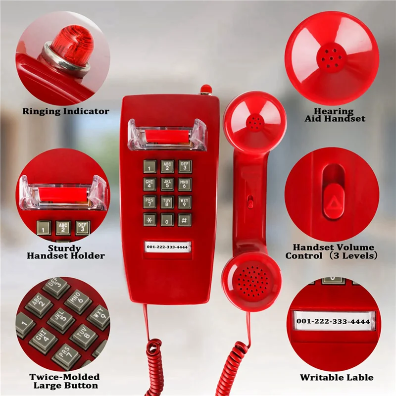 ELECT-2X Wall Phones For Landline With Mechanical Ringing, Single Line 2554 Wall Telephone With Voicemail Indicator,Red Good Vibrations